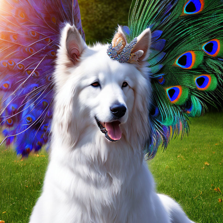 White Dog with Fluffy Coat and Peacock Feather Crown Sitting Near Displayed Peacock Tail Feathers