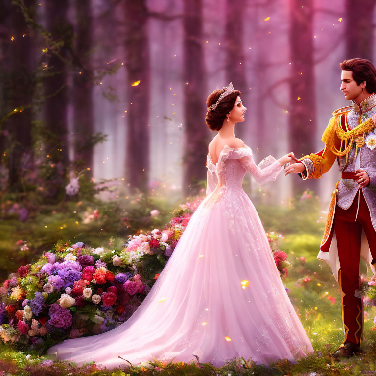 Royal couple in ornate attire holding hands in enchanted forest with vibrant flowers and floating lights