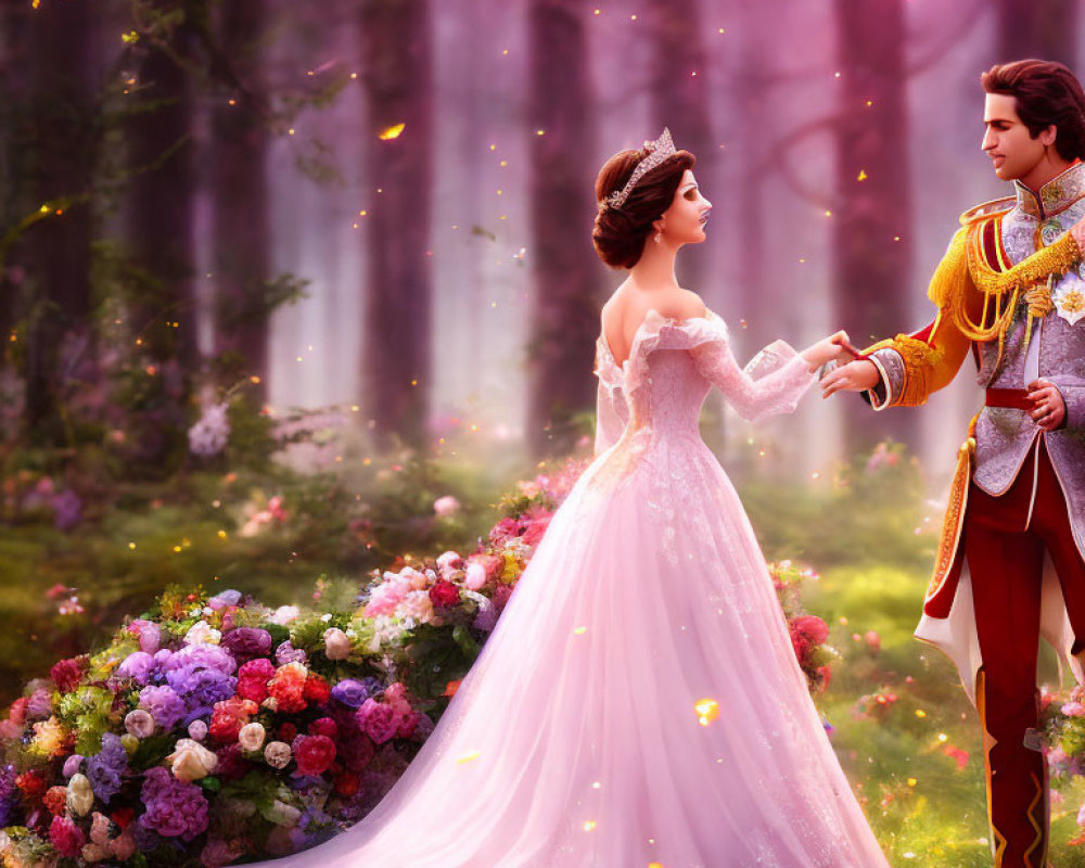 Royal couple in ornate attire holding hands in enchanted forest with vibrant flowers and floating lights