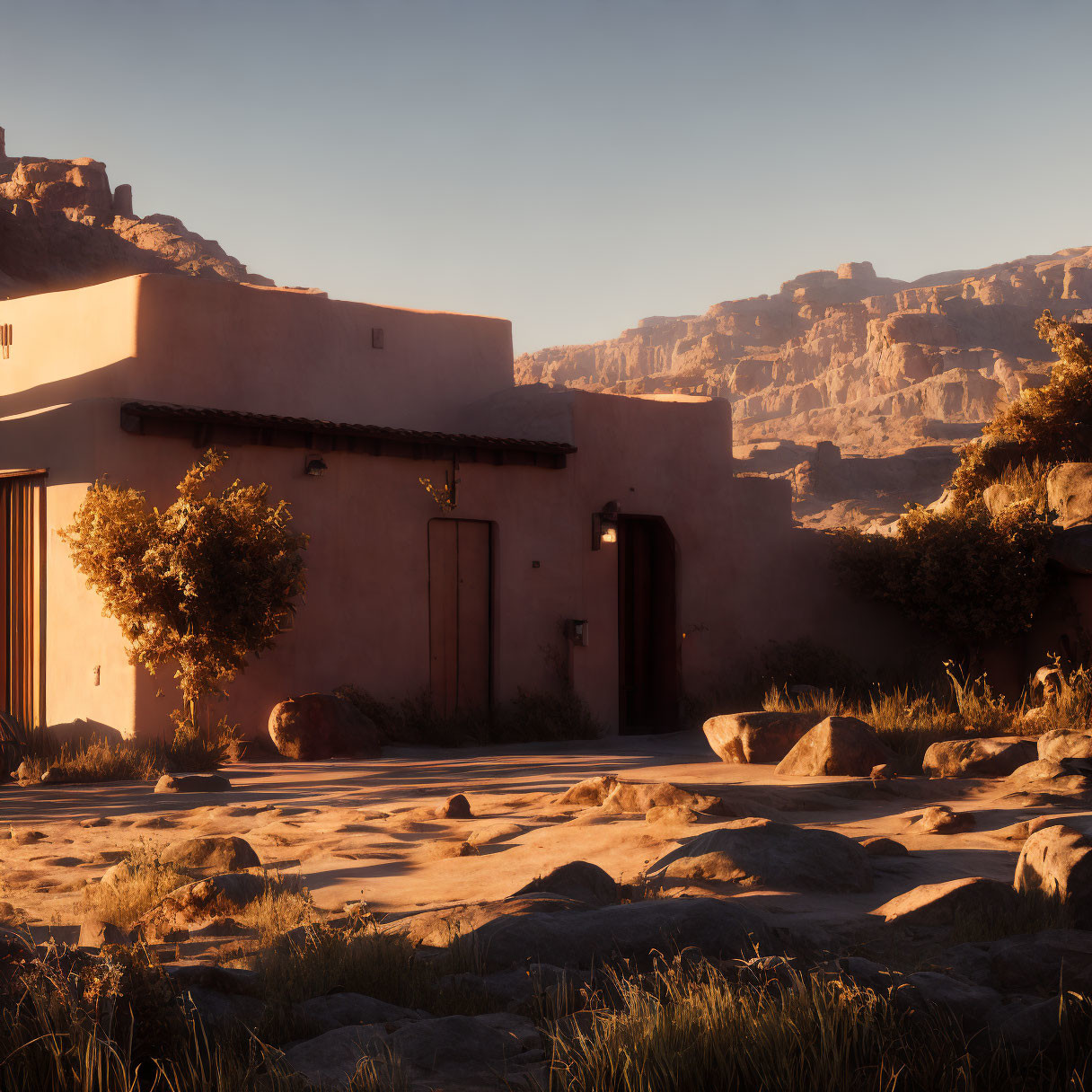 Adobe House at Sunset with Desert Landscape Background