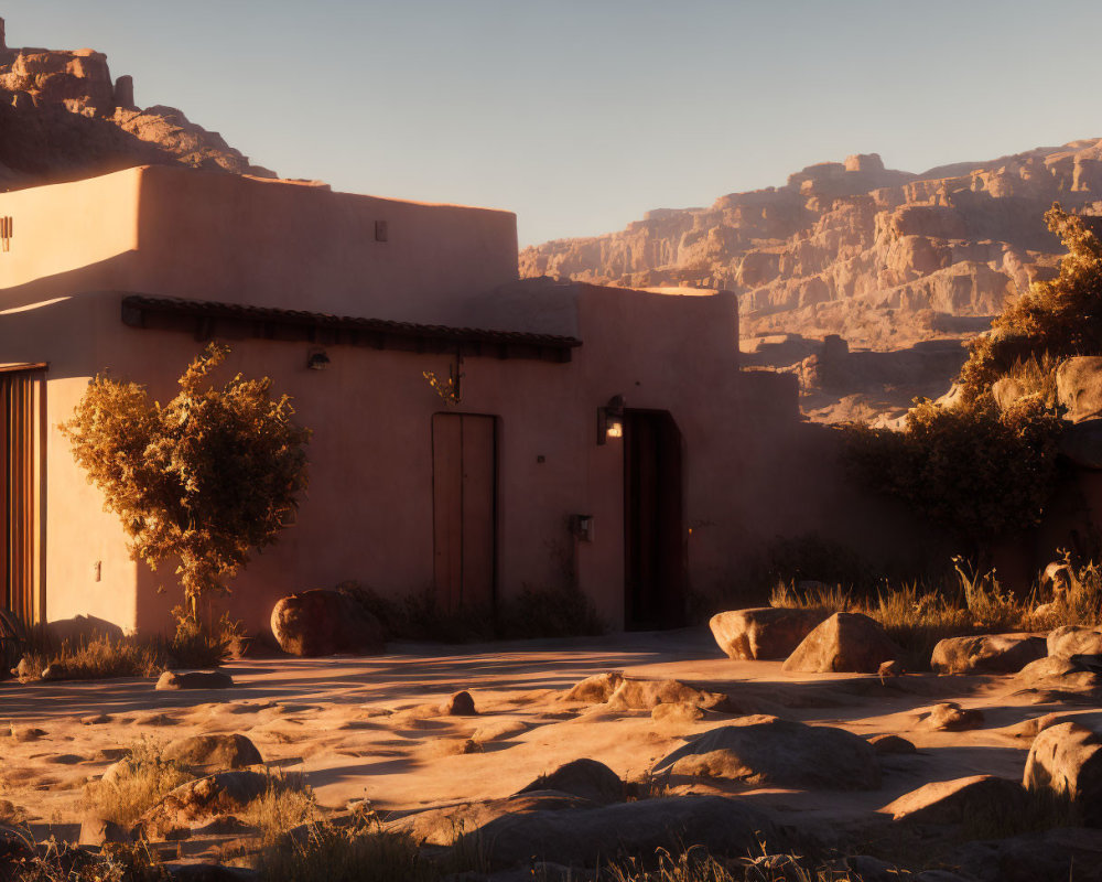 Adobe House at Sunset with Desert Landscape Background