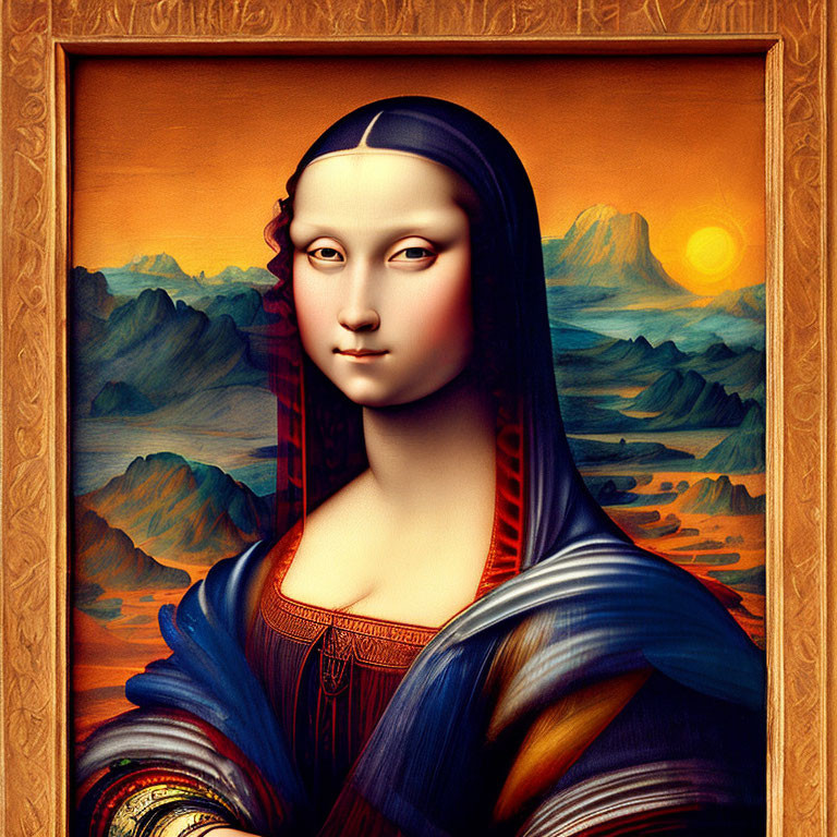 Stylized digital artwork of Mona Lisa in vibrant mountain landscape