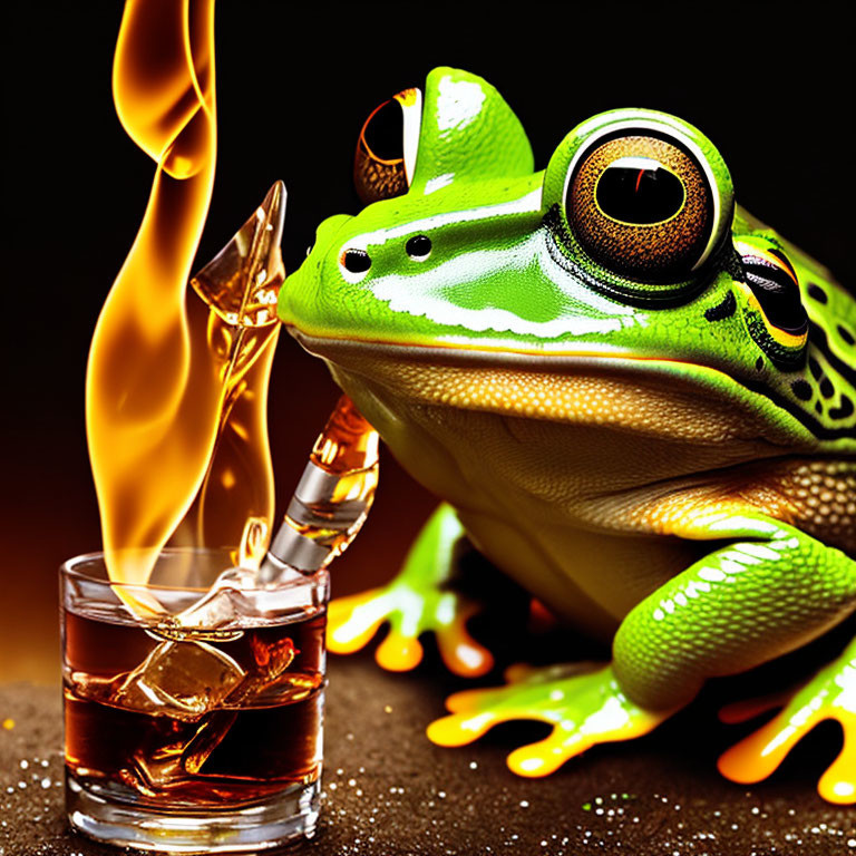 Colorful frog with matchstick over flaming drink on dark background