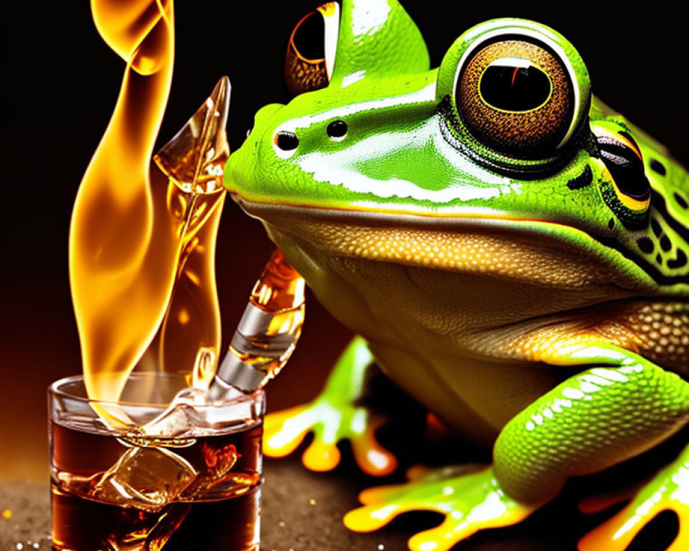 Colorful frog with matchstick over flaming drink on dark background