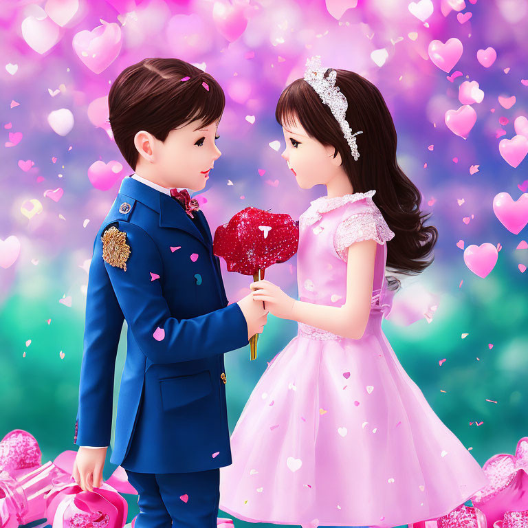 Animated boy and girl with heart-shaped object in blue and pink outfits among floating hearts