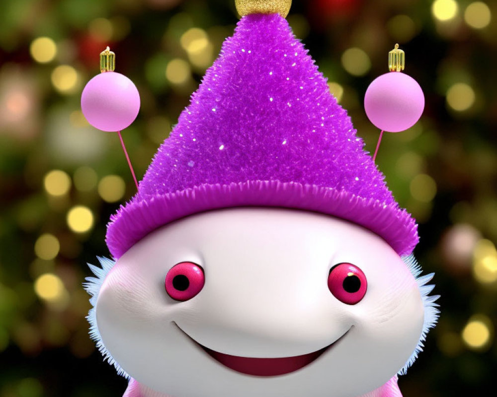 Colorful animated character with red eyes and wide smile in party hat with Christmas lights.