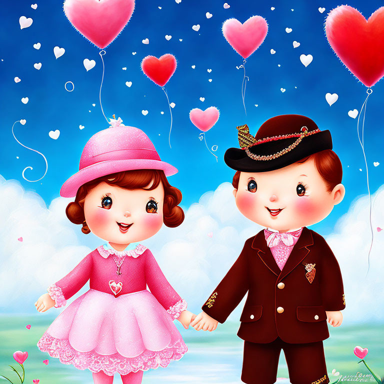 Children in fancy outfits with heart balloons in a blue sky