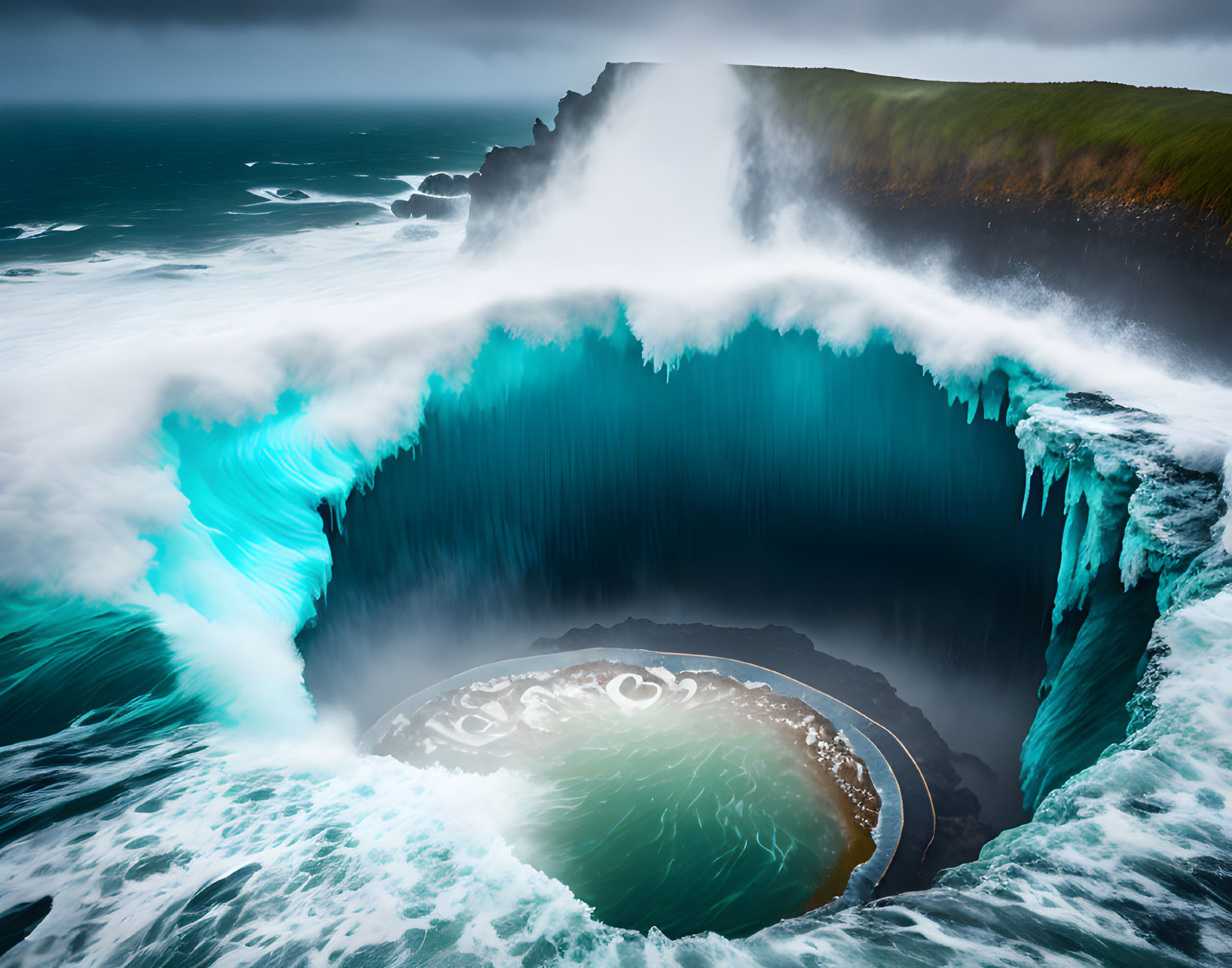 Dramatic wave crashing on rugged coastline with powerful spray