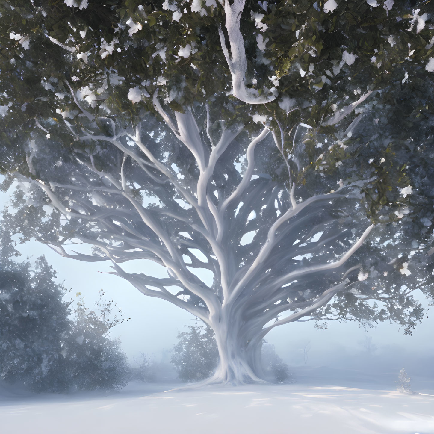 Snow-covered majestic tree in winter landscape