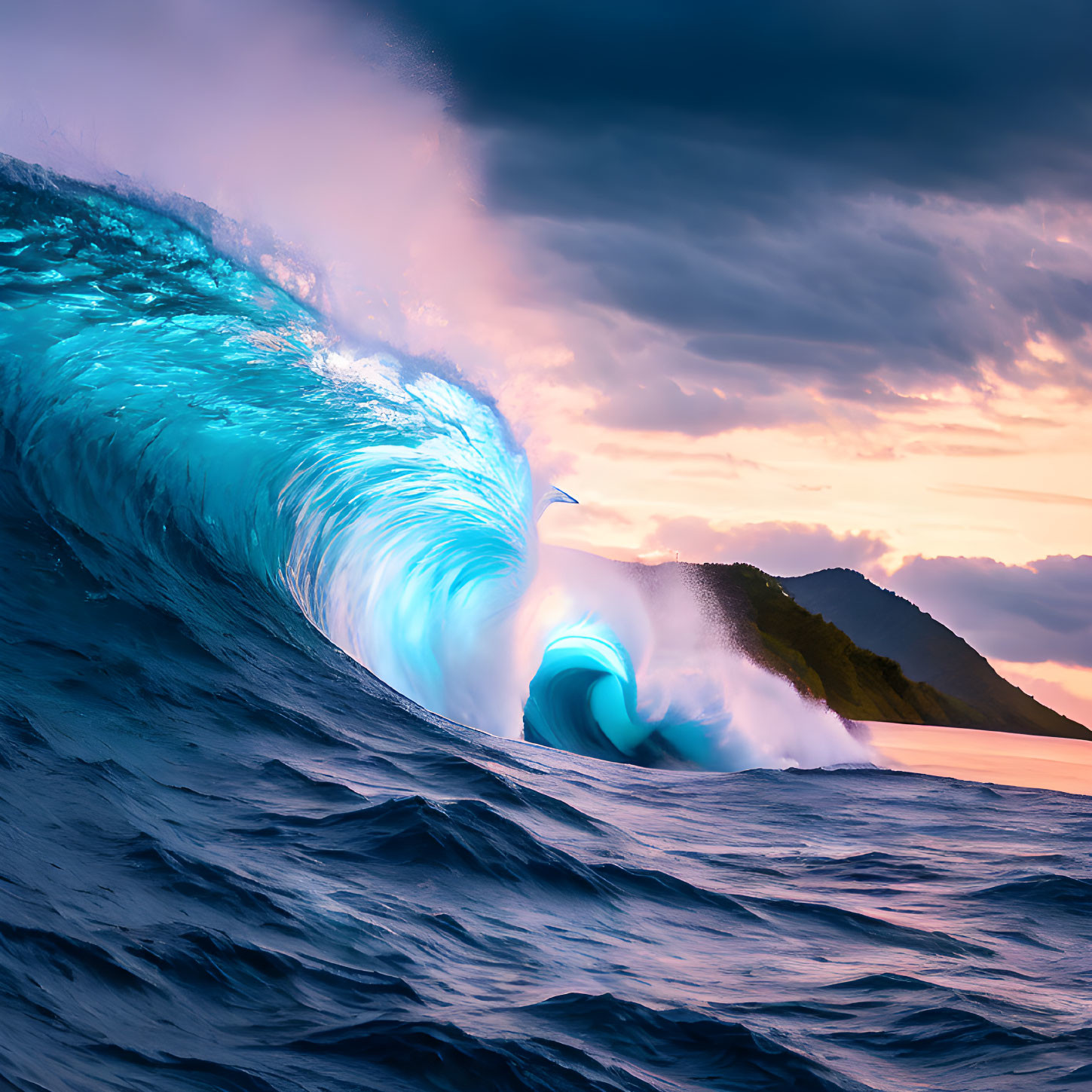 Majestic towering wave with vibrant blue hue under sunset sky and soaring bird