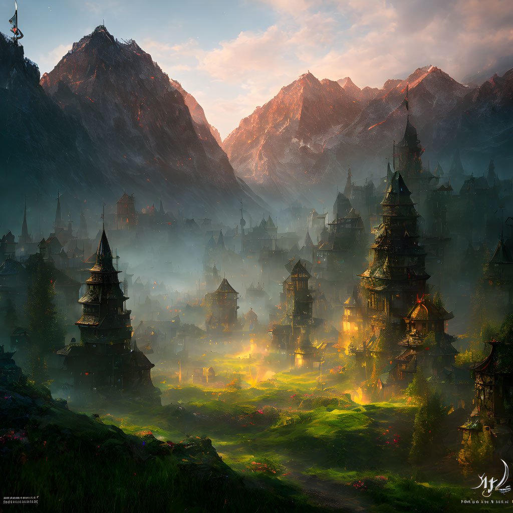 Traditional pagoda-style buildings in mystical dusk village nestled among misty mountains