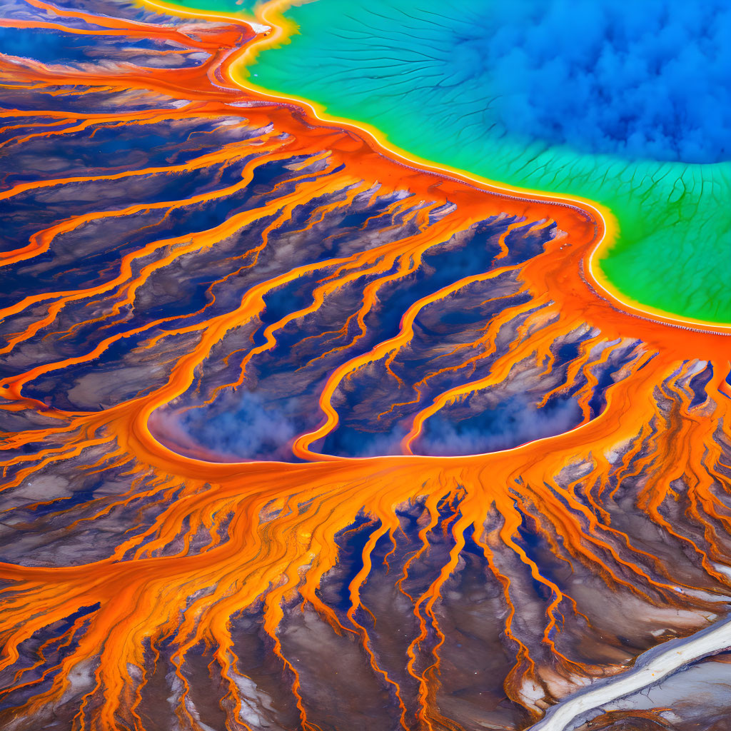 Vibrant orange microbial mats at Grand Prismatic Spring in Yellowstone