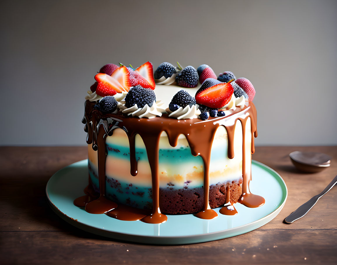 Chocolate Drip Cake with Berries on Pastel Blue Plate