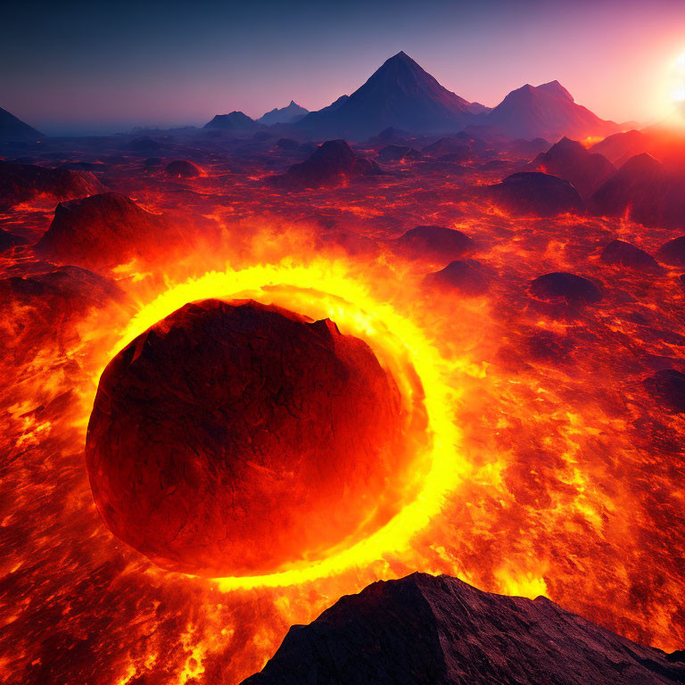 Surreal volcanic landscape with glowing lava crater at sunset