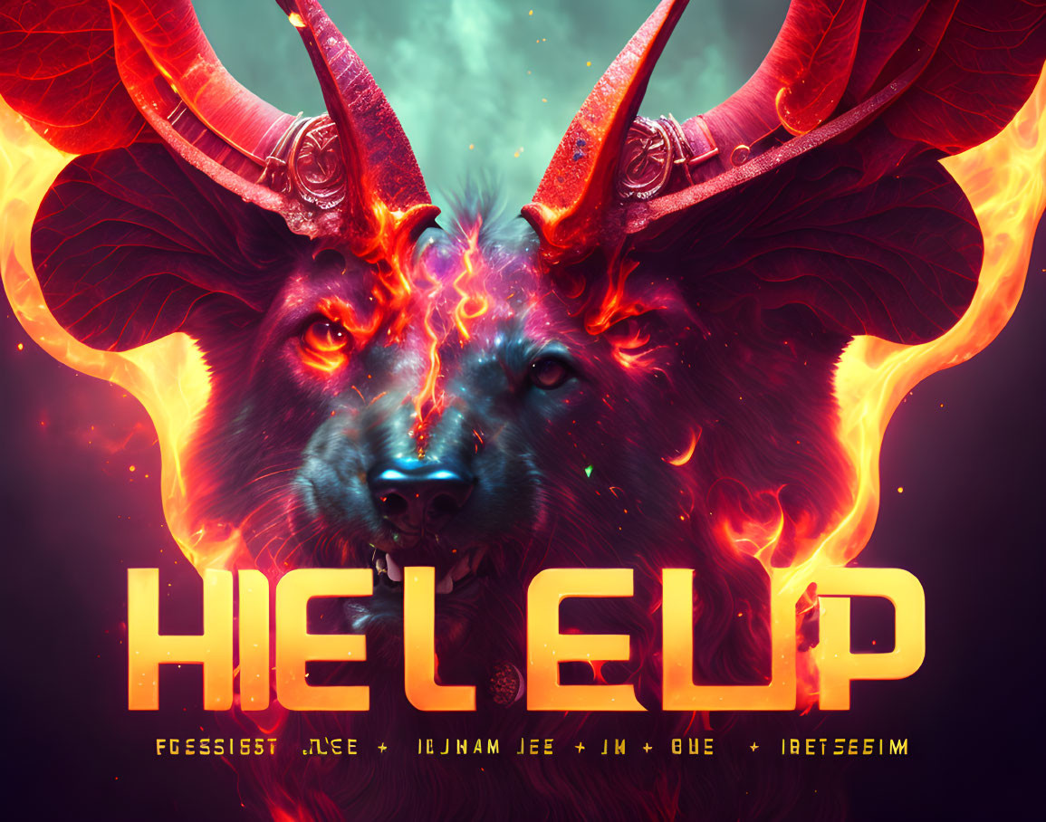 Fantastical wolf with red horns engulfed in flames and stylized text "HIEL ELP