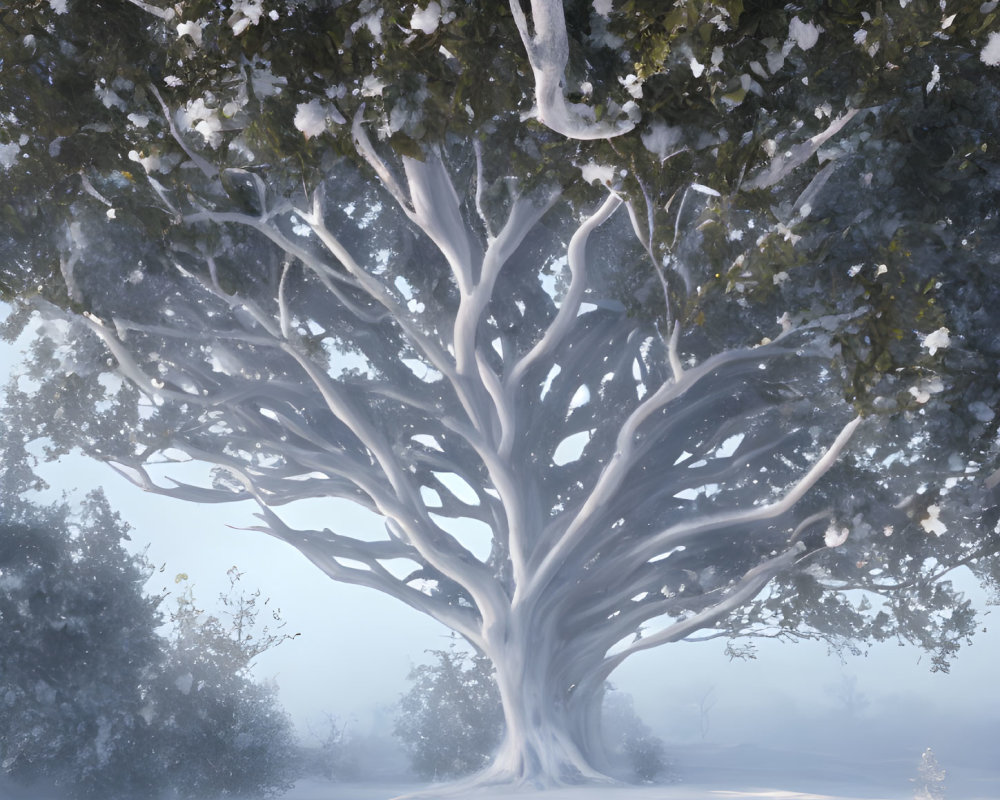 Snow-covered majestic tree in winter landscape