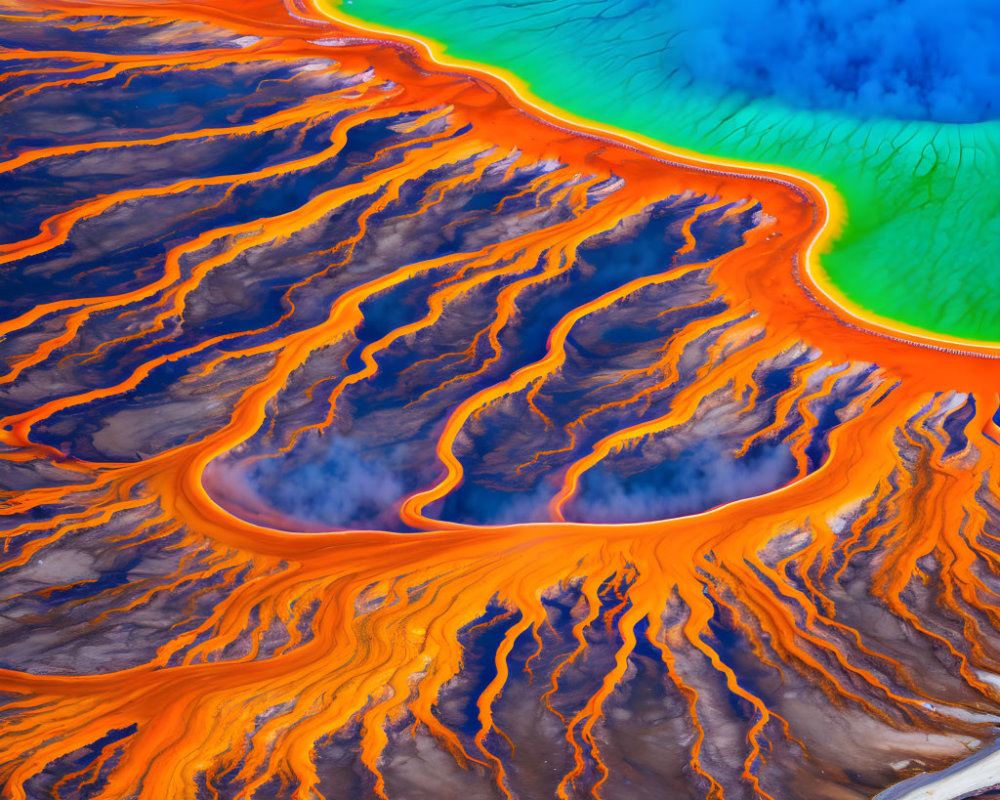 Vibrant orange microbial mats at Grand Prismatic Spring in Yellowstone