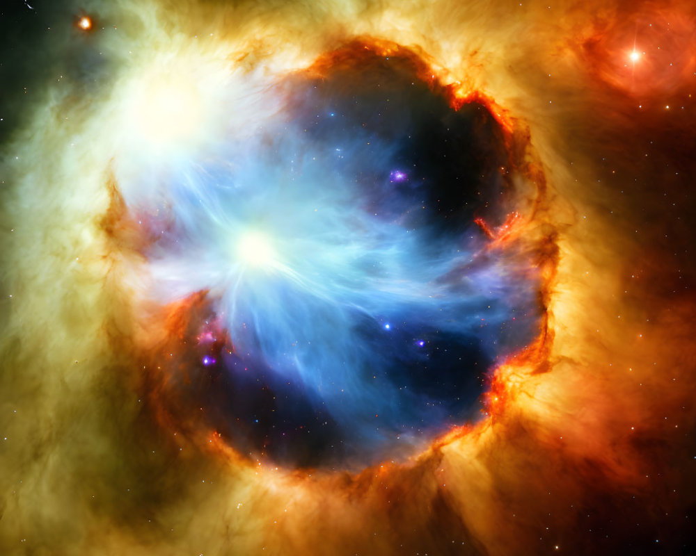 Bright central star surrounded by glowing nebula in orange, yellow, and blue