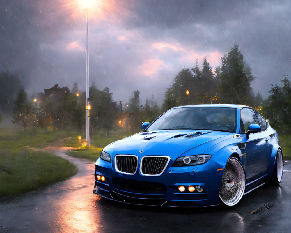 Blue Sports Car Parked on Wet Road at Night with Street Lights and Rain