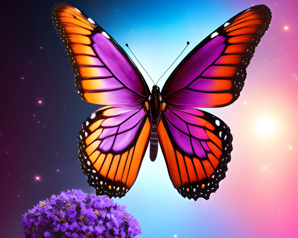 Colorful butterfly with open wings above purple flower in cosmic setting