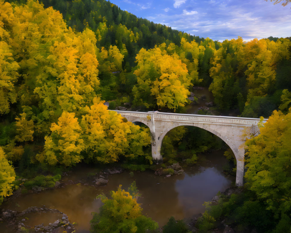 Aerial View of Old Stone Bridge in Autumn Forest