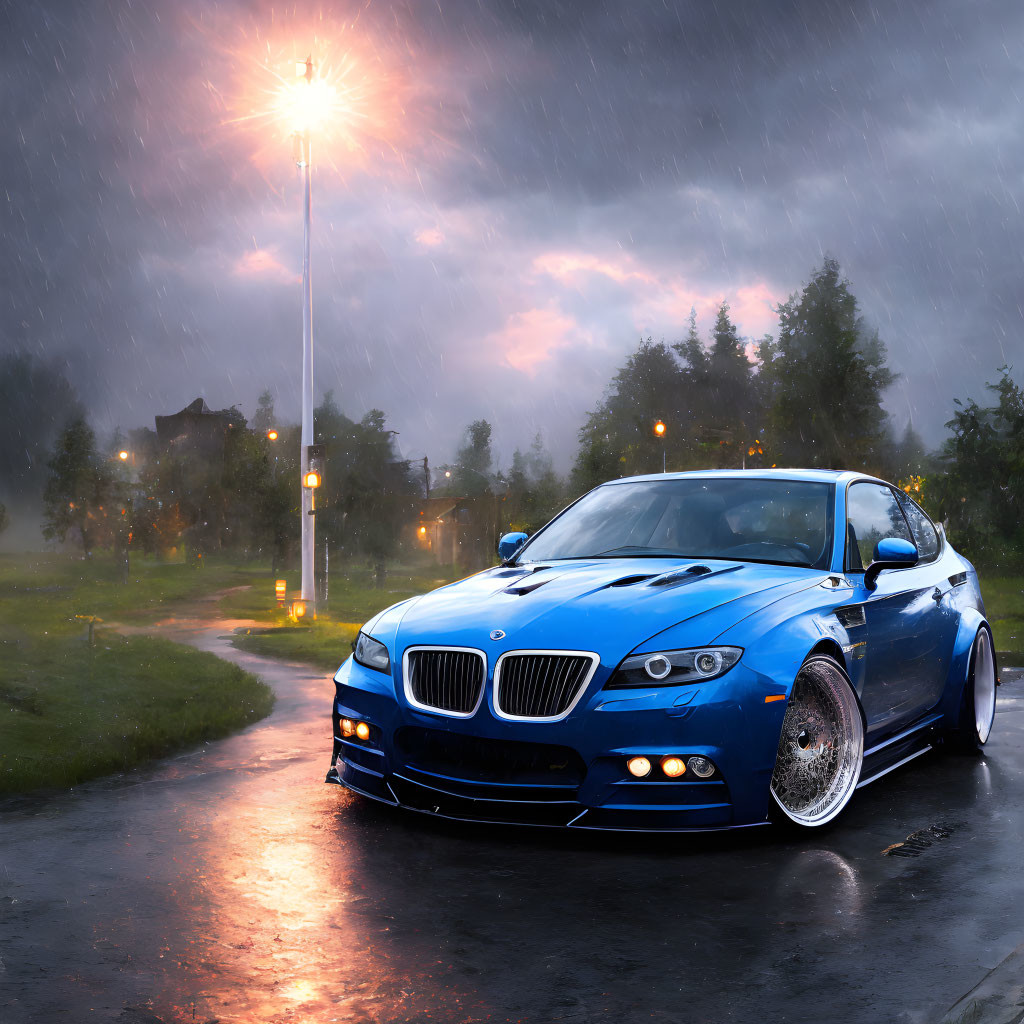 Blue Sports Car Parked on Wet Road at Night with Street Lights and Rain