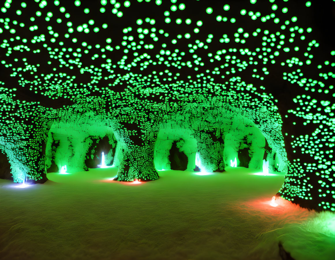 Majestic cave with green lights, archways, and red floor lighting