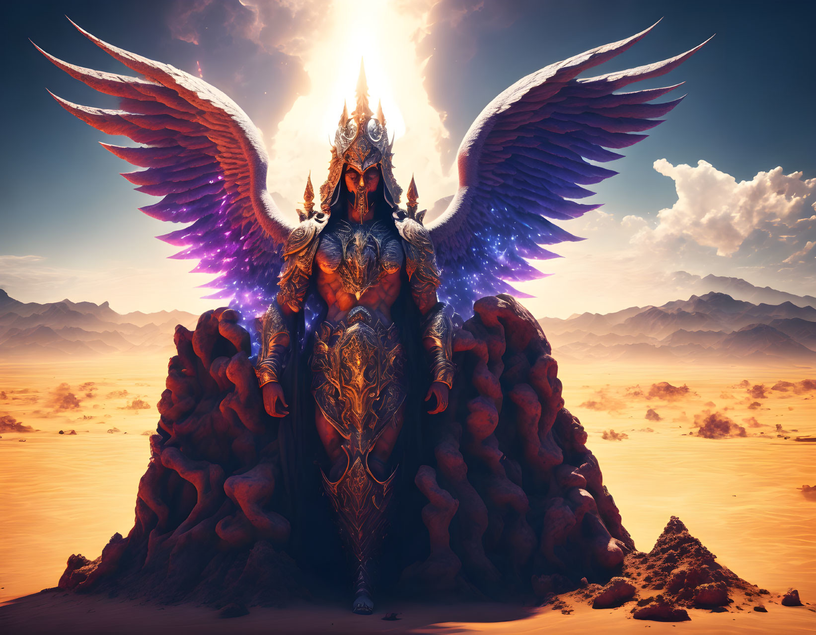 Majestic figure in ornate armor with expansive wings in desert landscape