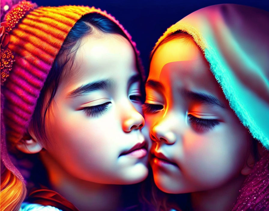 Two children in orange beanie and pink headscarf under warm light