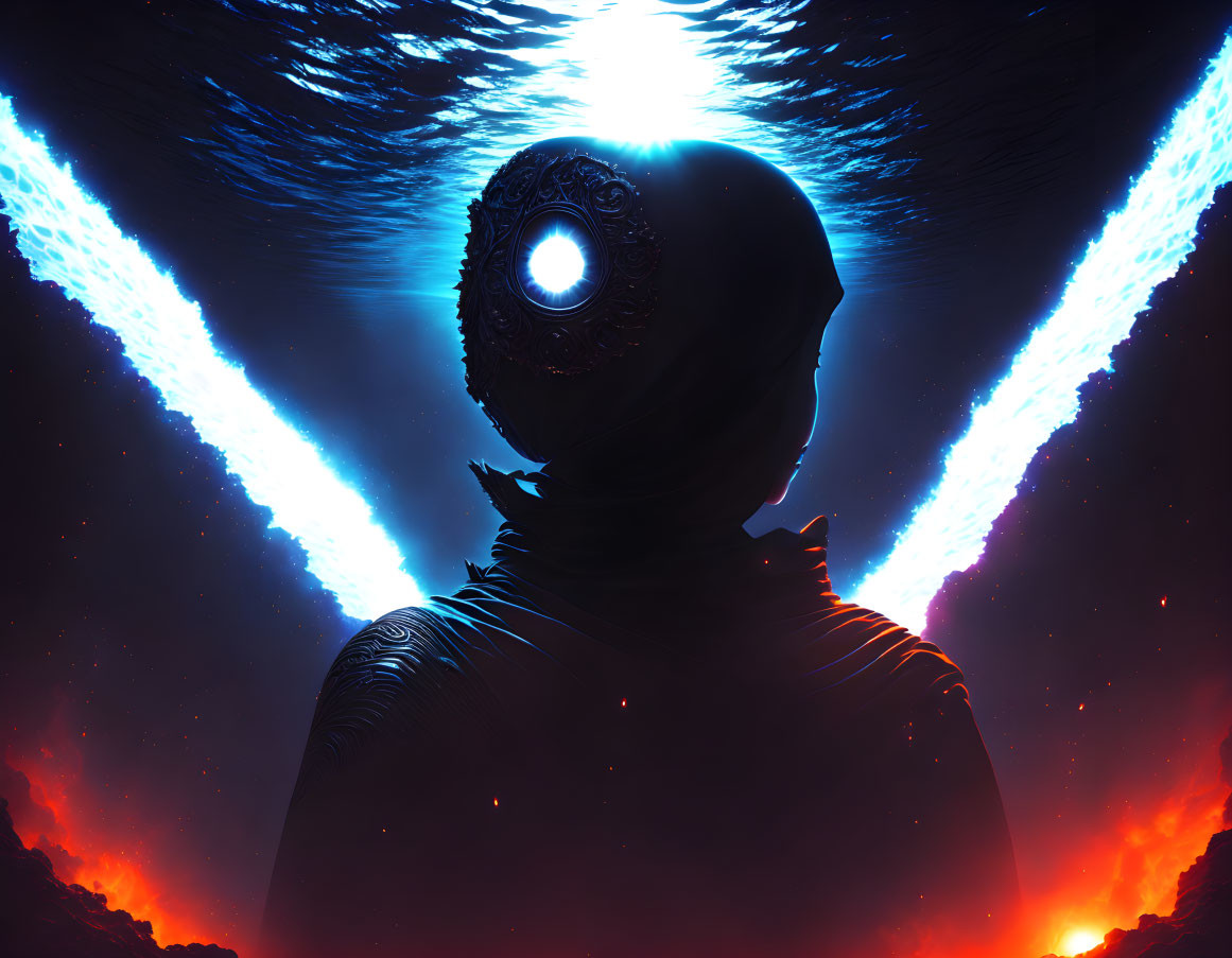 Silhouette with glowing blue eye in fiery skies with energy beams