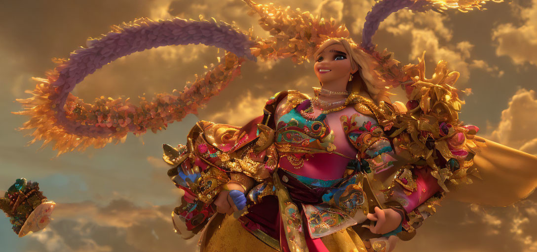 Colorful animated character in ceremonial attire with dragon accessories on golden cloud backdrop