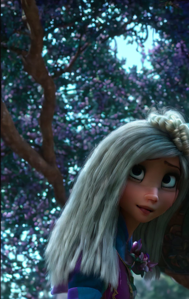 Silver-haired animated girl with flower in purple tree backdrop