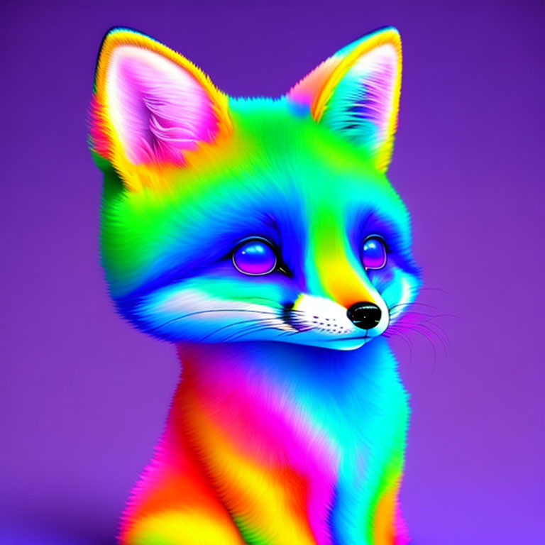 Colorful Digital Illustration: Neon Rainbow Fox on Purple Background