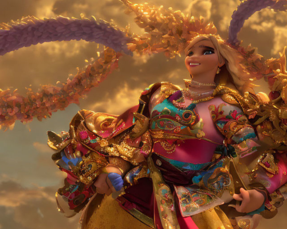 Colorful animated character in ceremonial attire with dragon accessories on golden cloud backdrop