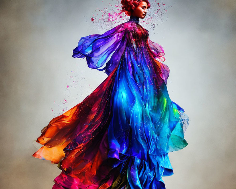 Vibrant flowing dress with blue, purple, and pink gradient on model surrounded by colored powder spl