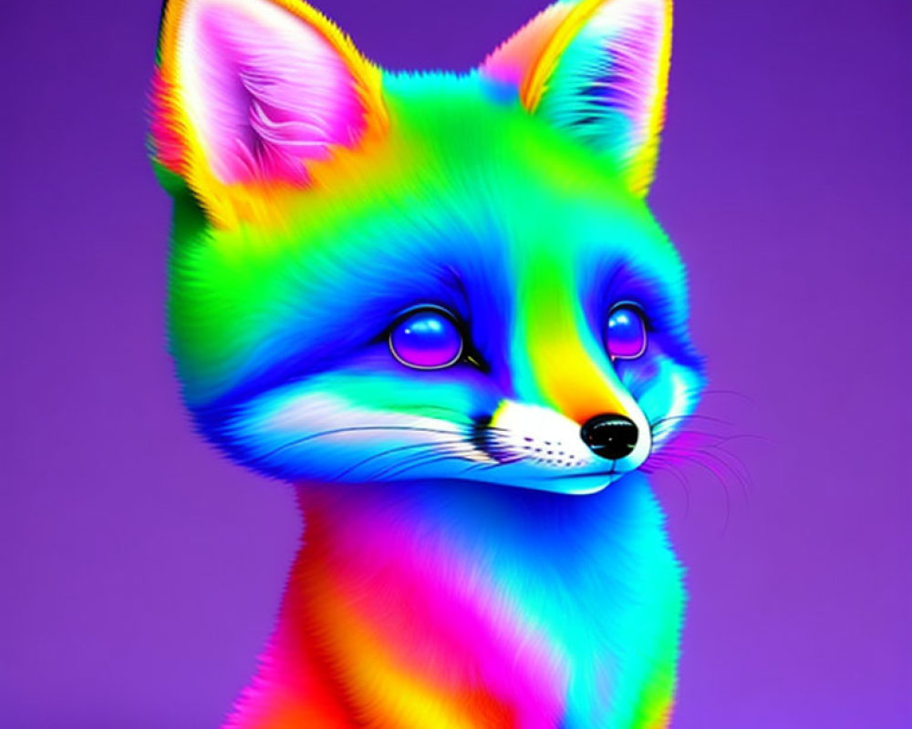 Colorful Digital Illustration: Neon Rainbow Fox on Purple Background