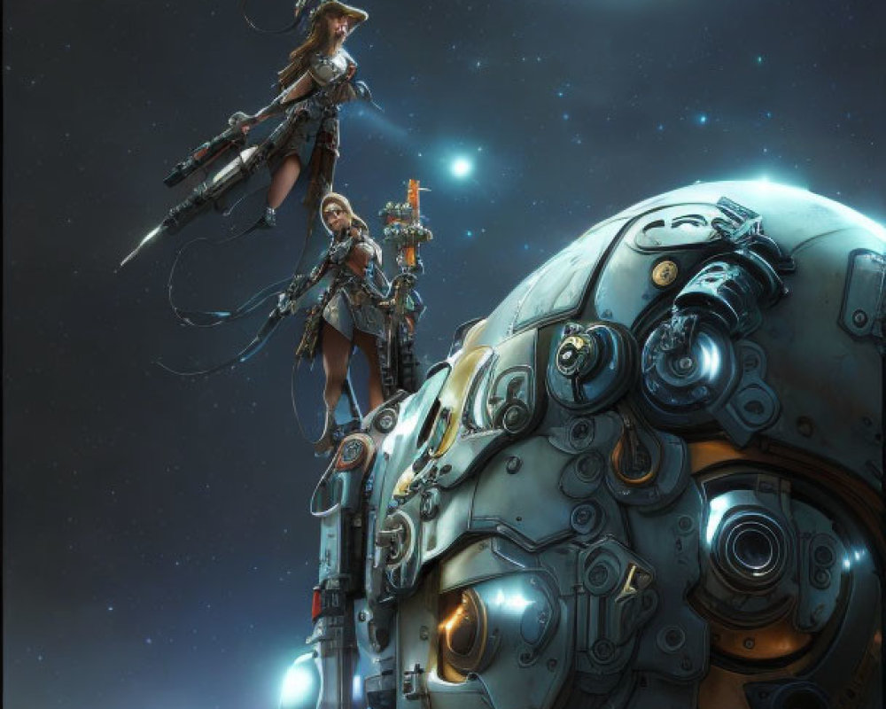 Warrior riding giant mechanical creature under night sky with moon and lightning