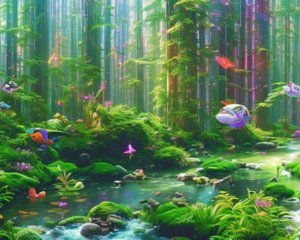 Colorful forest scene with stream, moss-covered stones, bamboo, and butterflies in ethereal light.