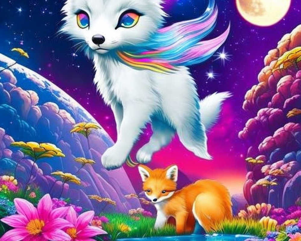 Large White Fox with Rainbow Mane and Small Orange Fox in Vibrant Flora Under Starry Sky