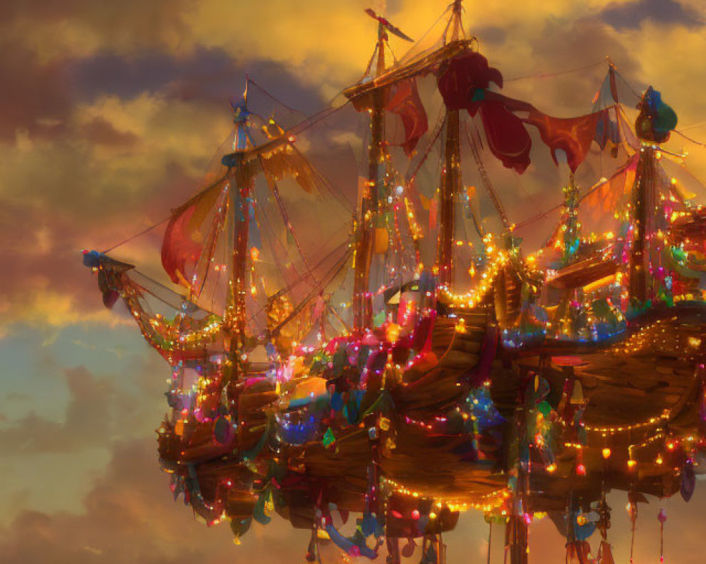 Colorful lights on ornate flying ship under dramatic sunset sky with person in jetpack.