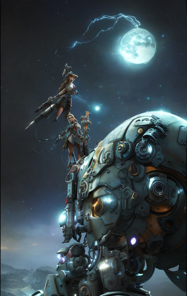 Warrior riding giant mechanical creature under night sky with moon and lightning