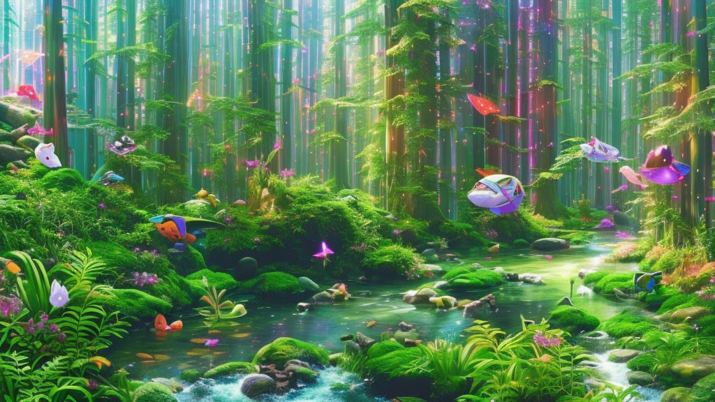 Colorful forest scene with stream, moss-covered stones, bamboo, and butterflies in ethereal light.