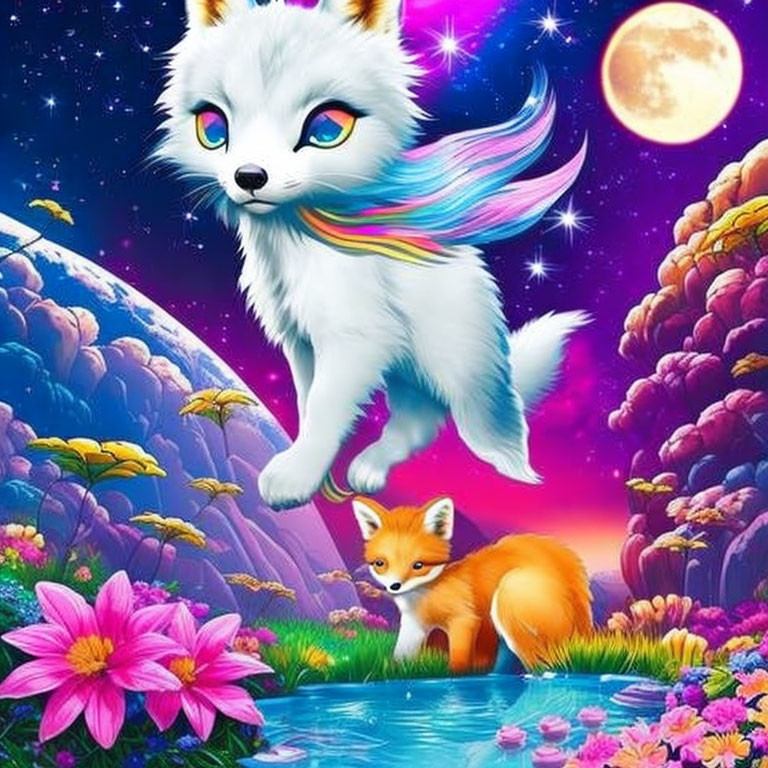 Large White Fox with Rainbow Mane and Small Orange Fox in Vibrant Flora Under Starry Sky