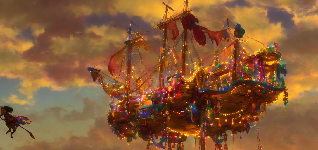 Colorful lights on ornate flying ship under dramatic sunset sky with person in jetpack.