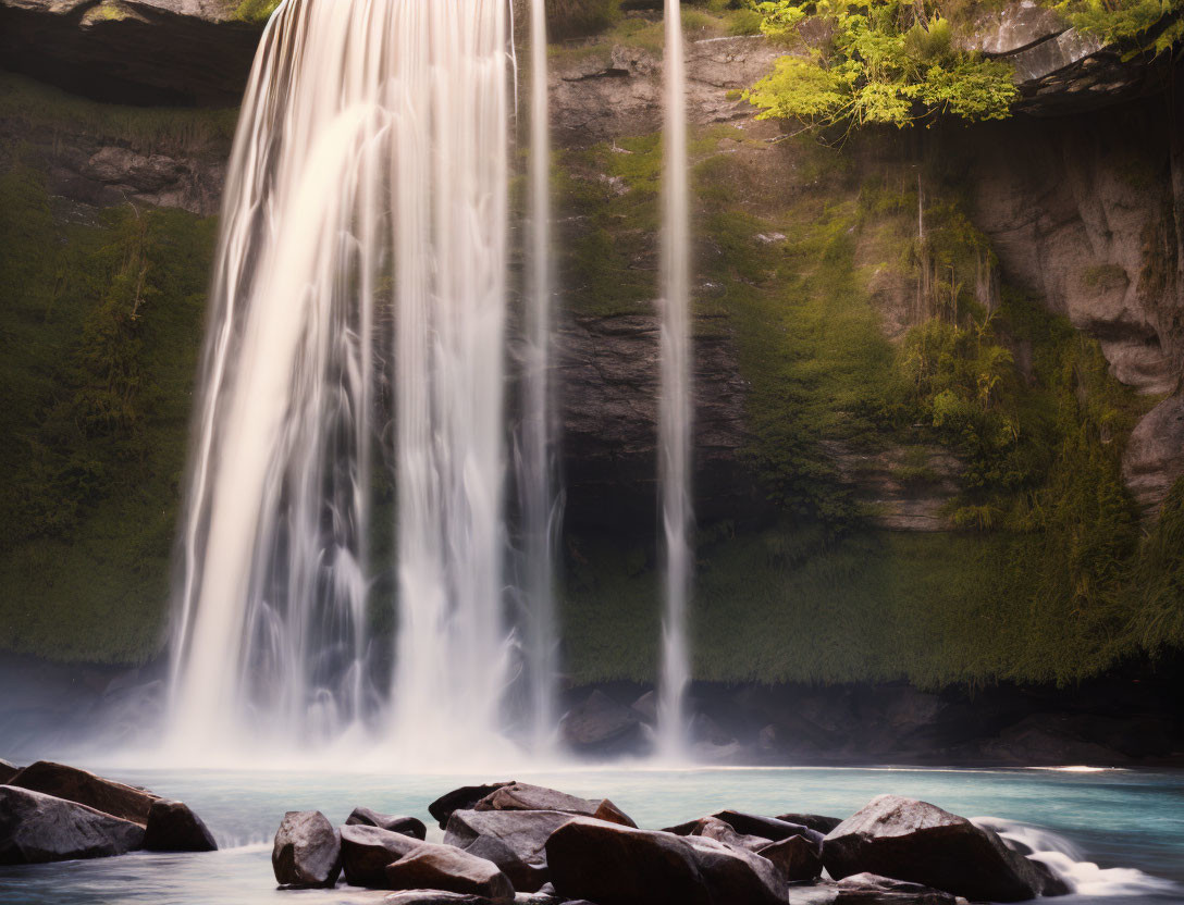 Tranquil Waterfall Cascading into Blue Pond