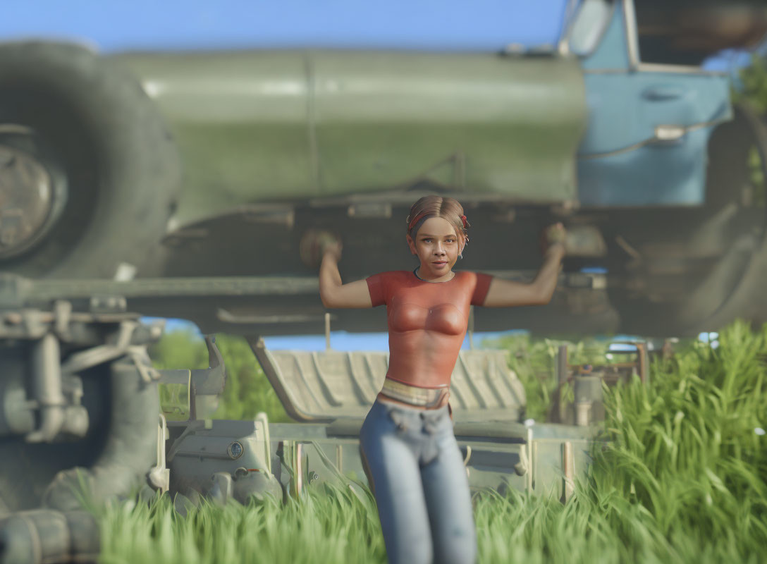 Digital artwork: Woman in red top & blue jeans against blue truck in field