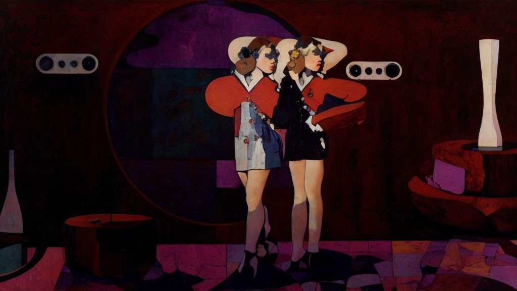 Stylized female figures in uniforms with abstract shapes in dark room