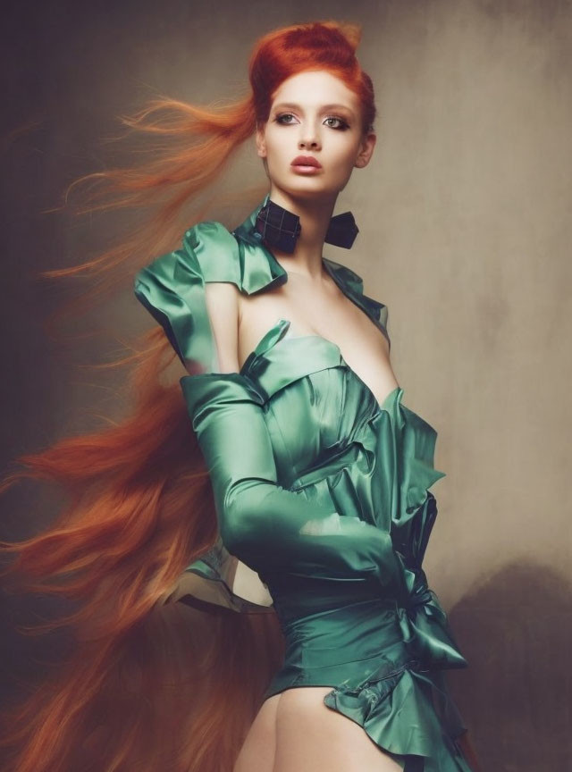 Woman with Red Hair and Green Dress on Muted Background