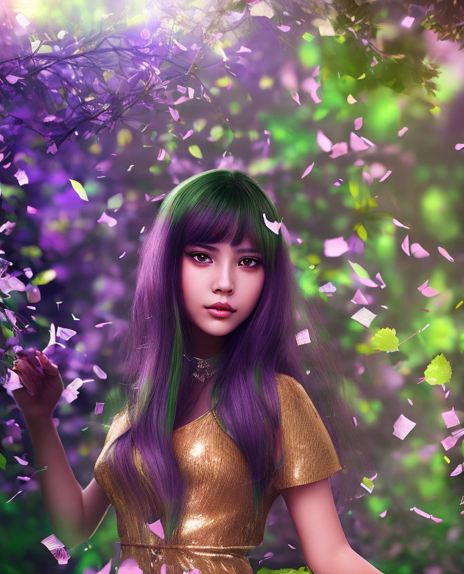 Digital Artwork: Woman with Purple Hair and Golden Top in Mystical Forest