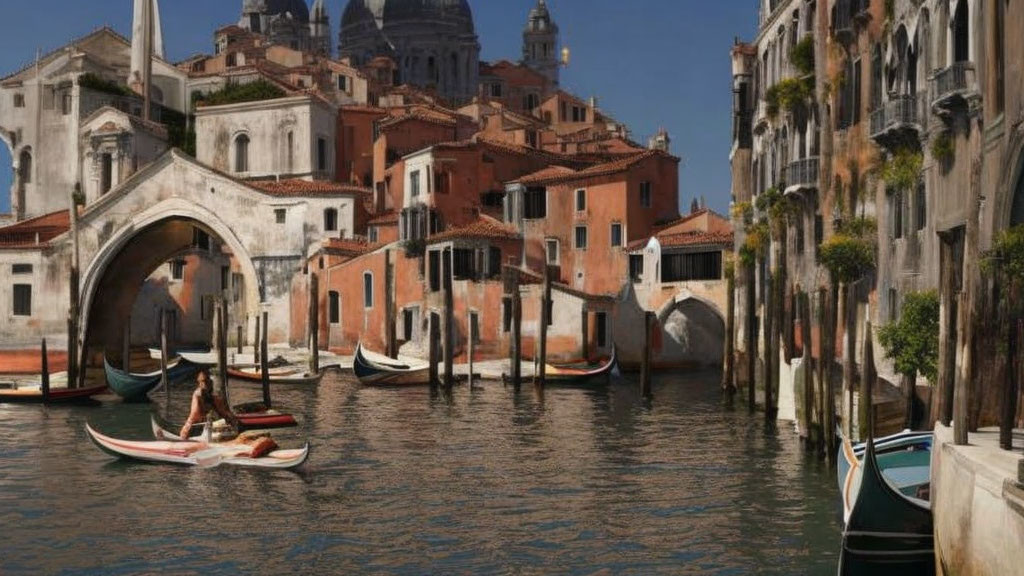 Venetian Gondoliers on Sunlit Canal with Historic Buildings